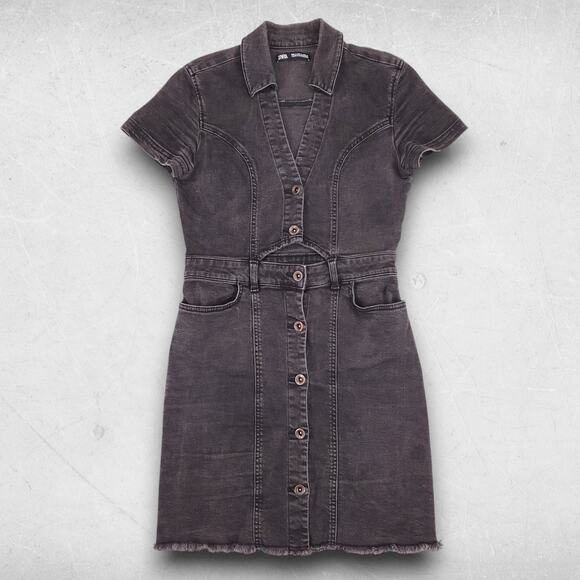 Zara Denim Cutout Dress Sz S Black Button Up Raw Hem Minimalist Clean Girl Boho - Picture 1 of 8